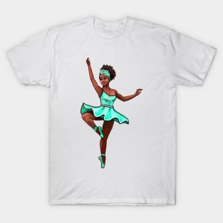 Ballet Dancer in green tutu dancing cute black girl African American brown skin ballerina - Dance T-Shirt